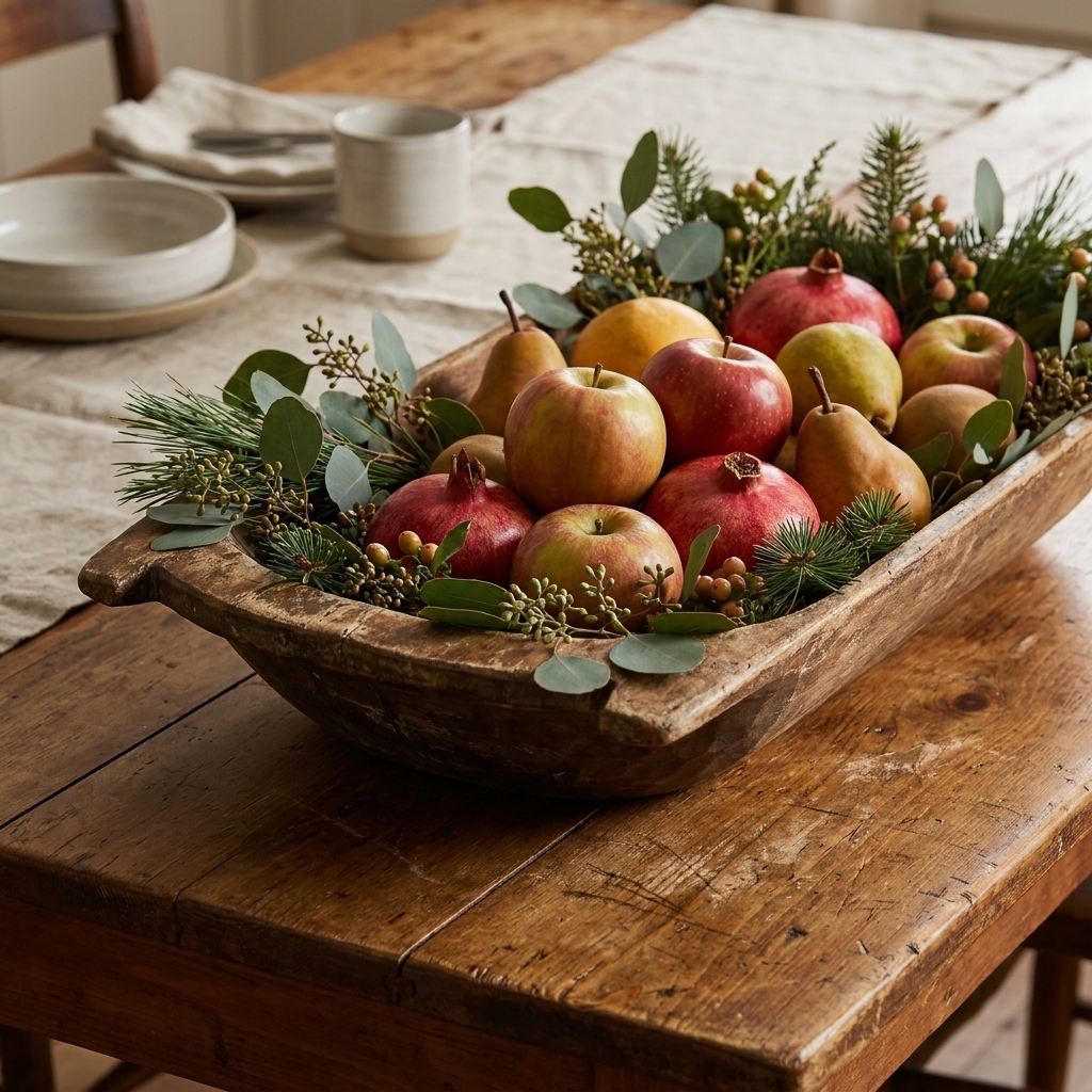 An antique wooden dough bowl used as a centerpiece on a rustic farmhouse table with seasonal fruit and greenery