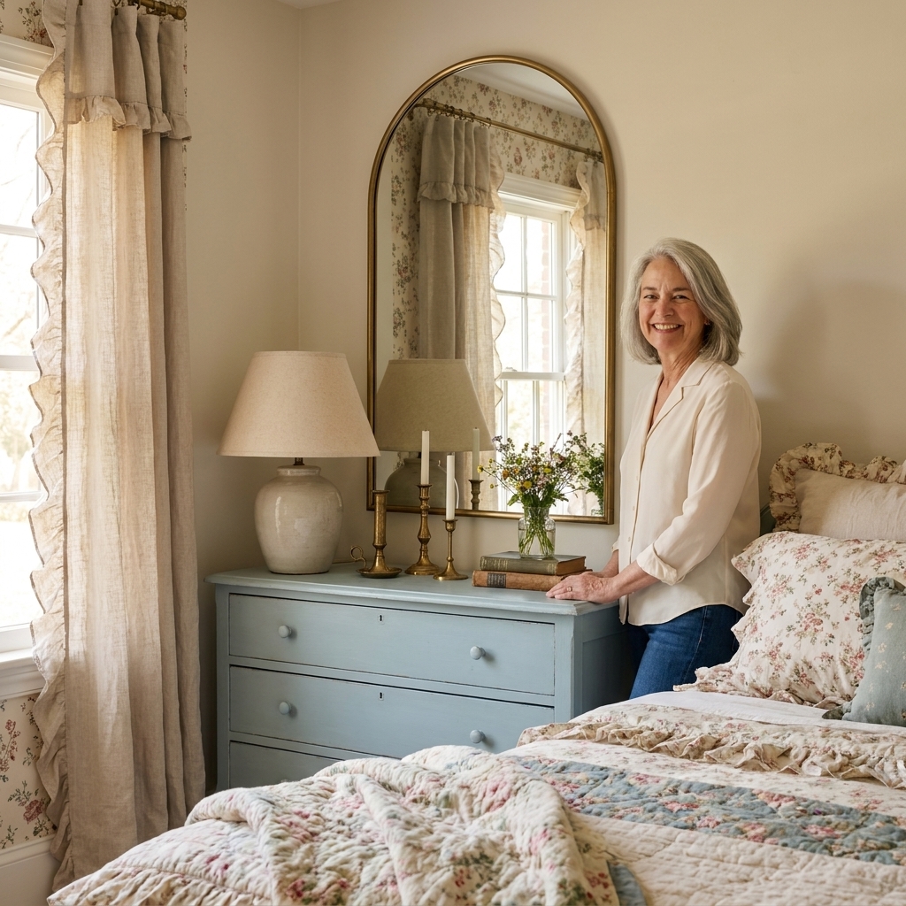 An arched vintage mirror with a thin brass frame hanging above a painted wood dresser in a soft cottage bedroom