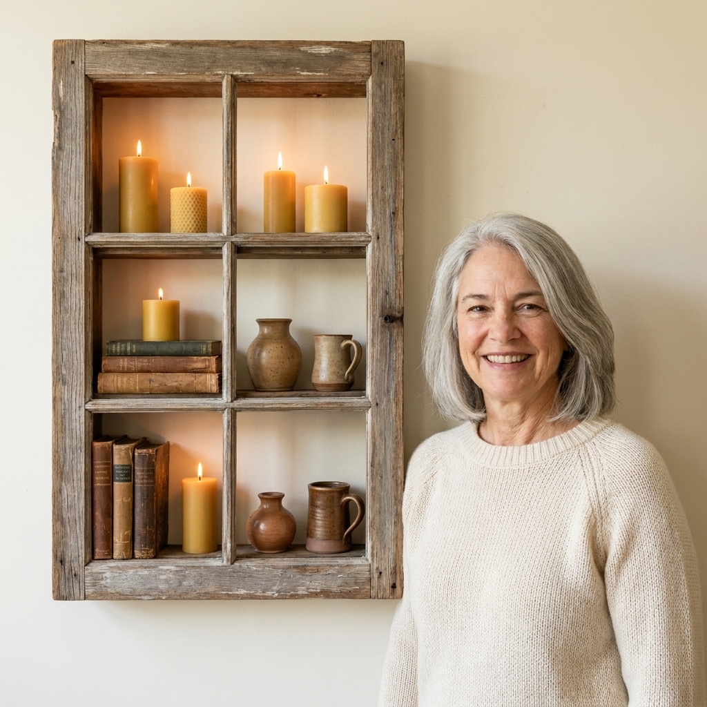 An old window frame mounted on a wall with small wooden shelves behind it holding candles, books, and pottery