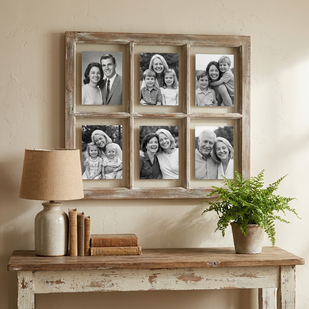 An old wooden window frame on a wall displaying black-and-white family photos behind each pane, styled above a rustic console