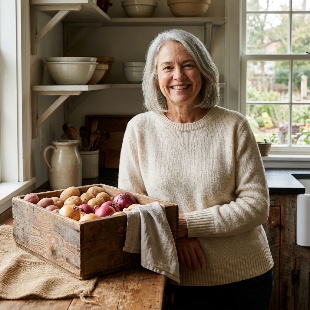 An open reclaimed wood crate on a kitchen counter holding potatoes and onions with a simple lived-in farmhouse feel