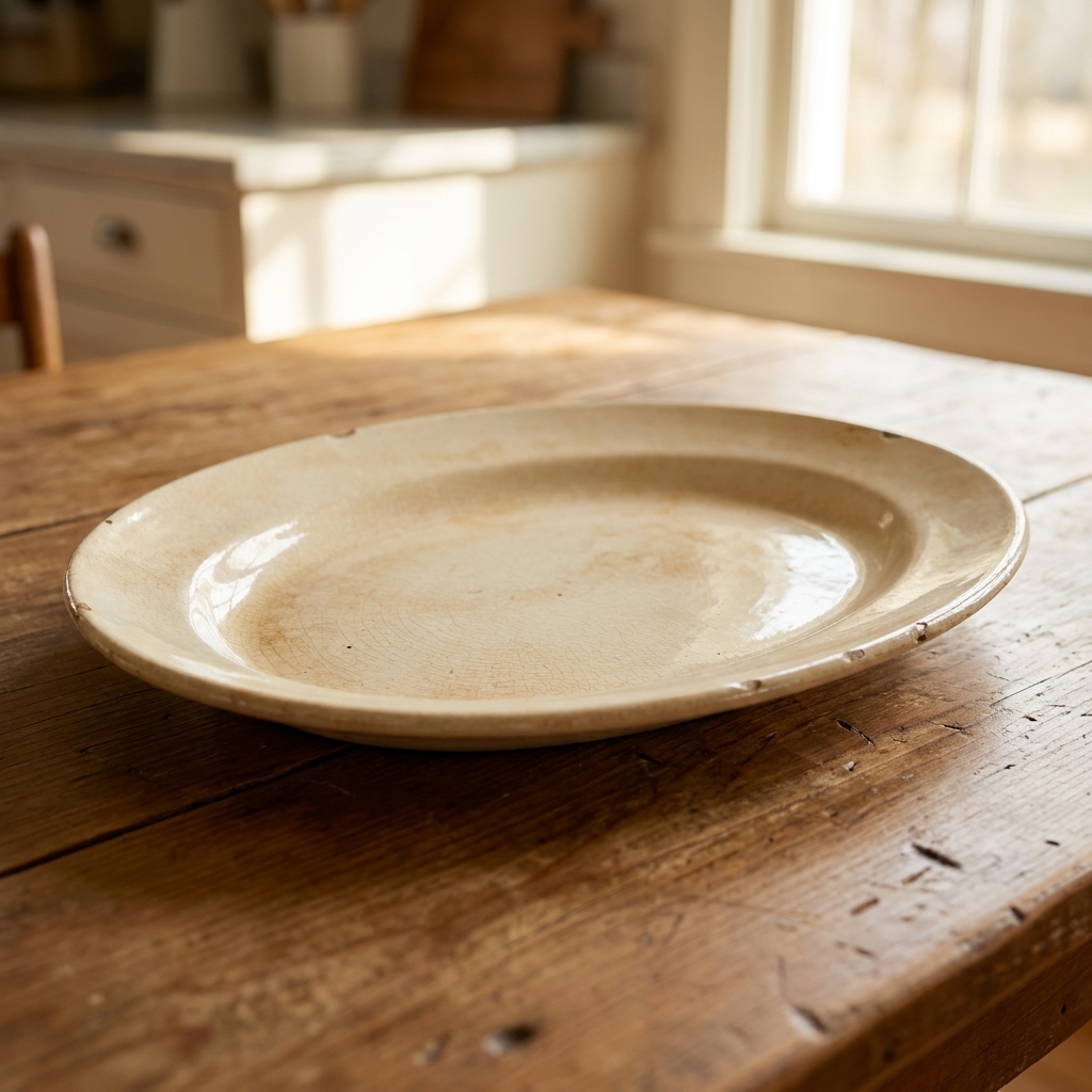An oval antique ironstone platter on a rustic farmhouse dining table in daylight, showing a warm creamy tone and subtle age wear