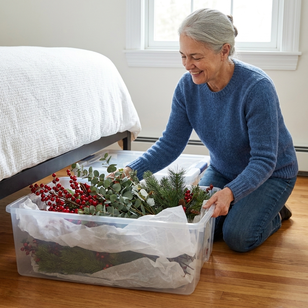 An under-bed storage bin pulled out on a hardwood floor, filled with faux seasonal stems layered carefully with tissue paper