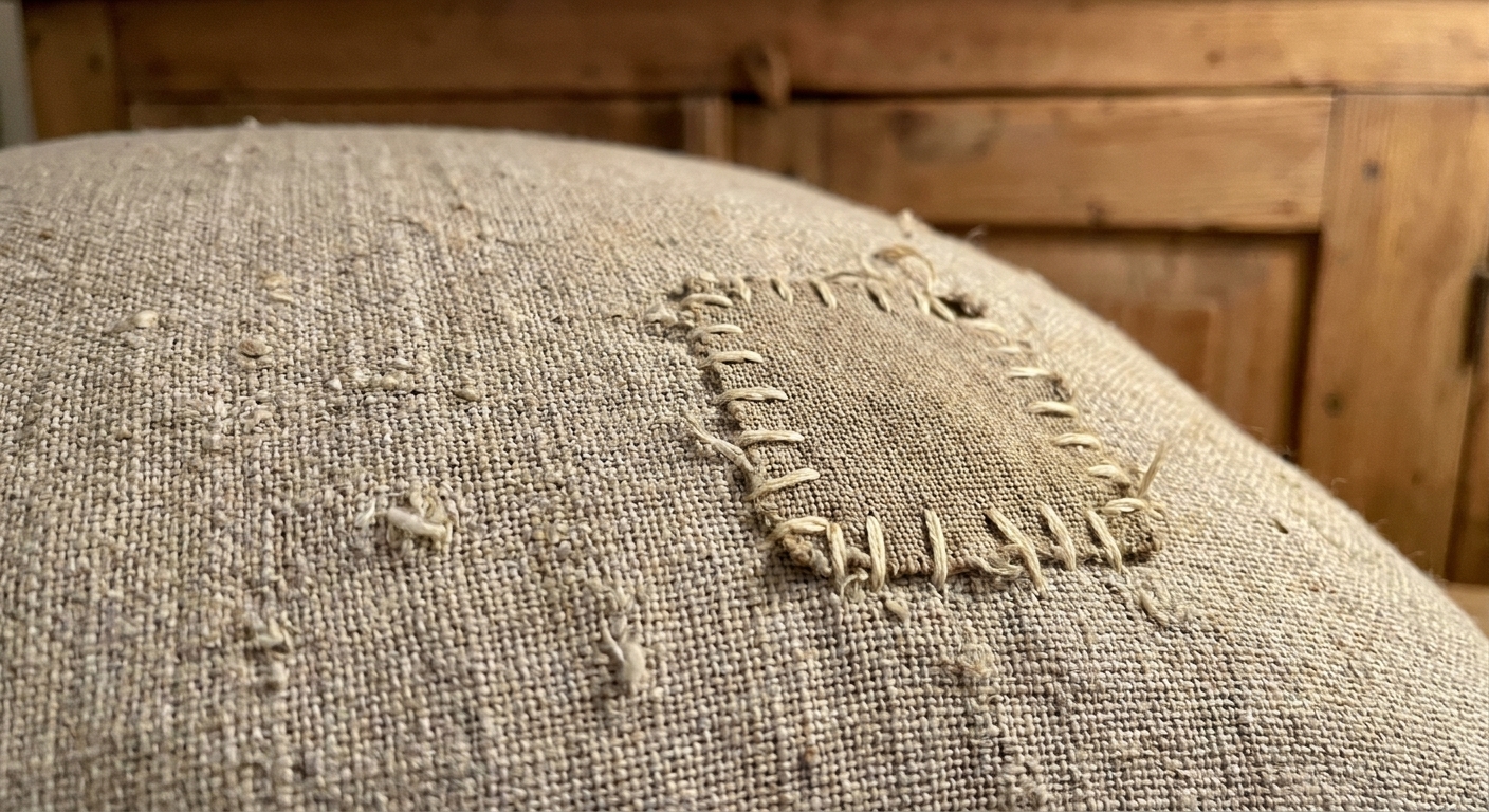 Close-up of a vintage linen grainsack showing a small hand-stitched patch repair and worn weave texture