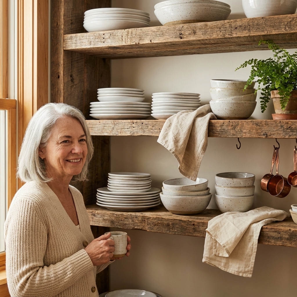 Close-up of open kitchen shelves with stacks of white ceramic plates, nested bowls, and neutral linen tea towels draped casually