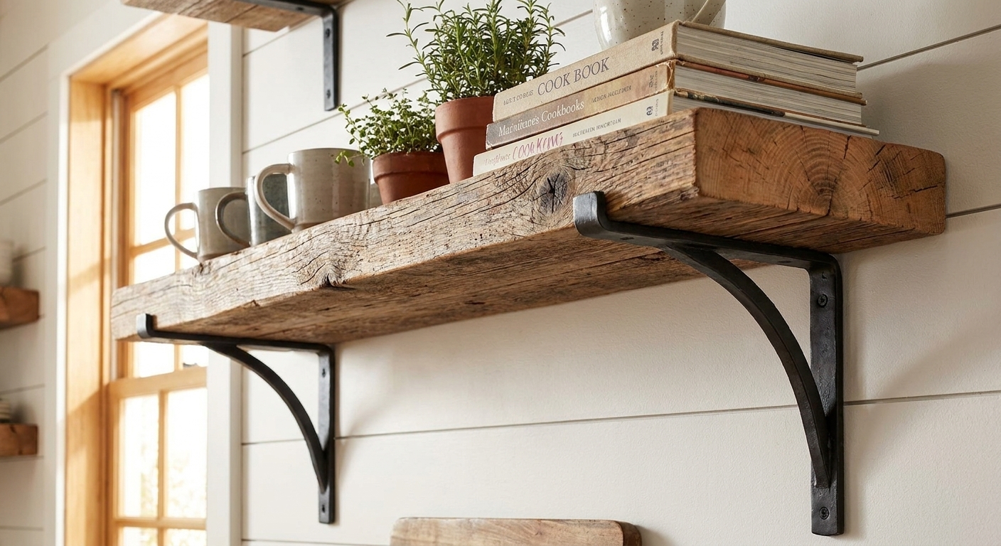 Close view of a reclaimed wood shelf mounted on a white kitchen wall with simple black metal brackets