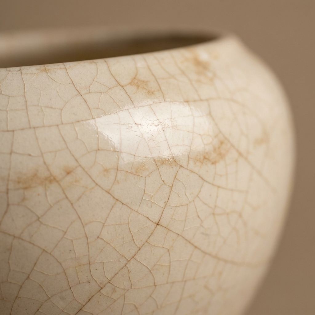Close view of antique ironstone glaze showing fine crazing lines with gentle age staining on a creamy white surface