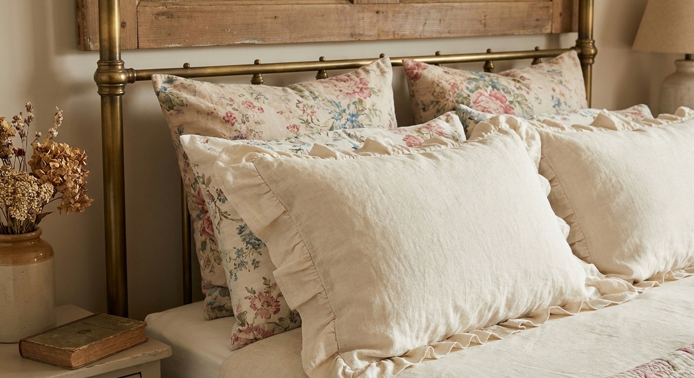 Close view of cream ruffled linen pillow shams layered in front of floral pillows on a neatly made bed