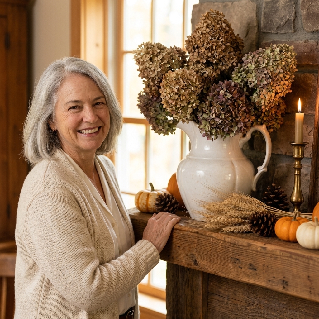 Dried hydrangea blooms arranged in an ironstone pitcher on a rustic mantel with a brass candlestick