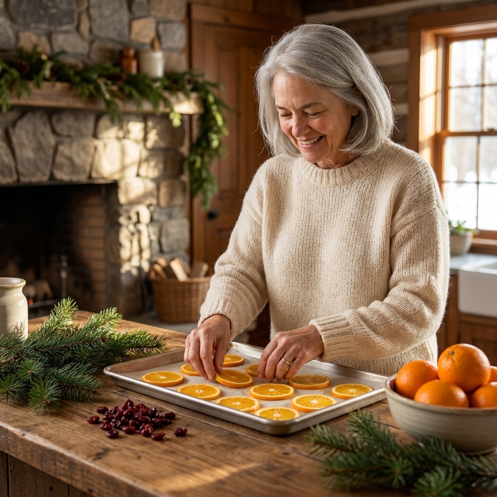 Freshly sliced oranges laid in a single layer on a parchment-lined baking sheet, ready to be dried