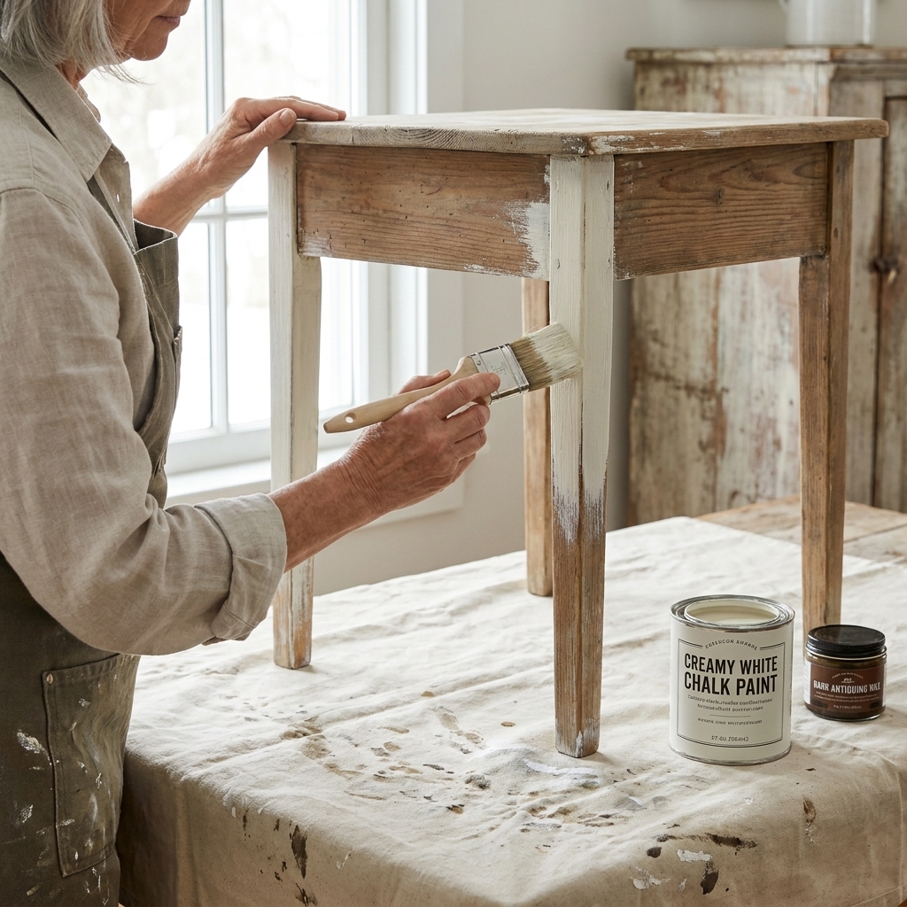 Hands applying creamy white chalk paint to a small wooden farmhouse side table with a brush, with the tabletop protected by a drop cloth