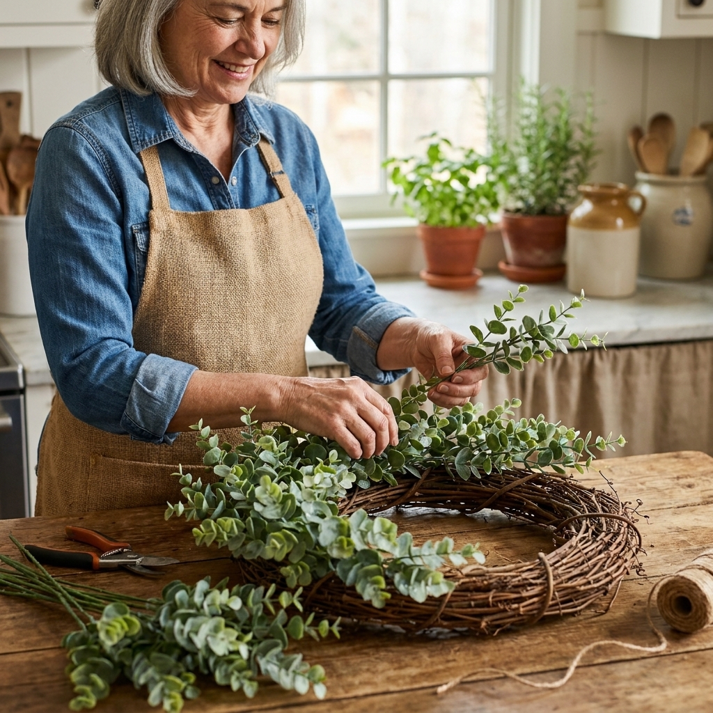 Hands arranging faux eucalyptus stems on a grapevine wreath form on a wooden table before wiring, showing the placement and direction of the greenery