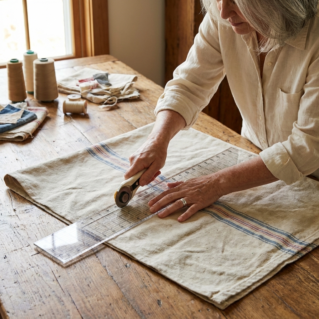 Hands cutting a washed canvas drop cloth on a large wooden table using a rotary cutter and ruler, preparing pillow cover panels