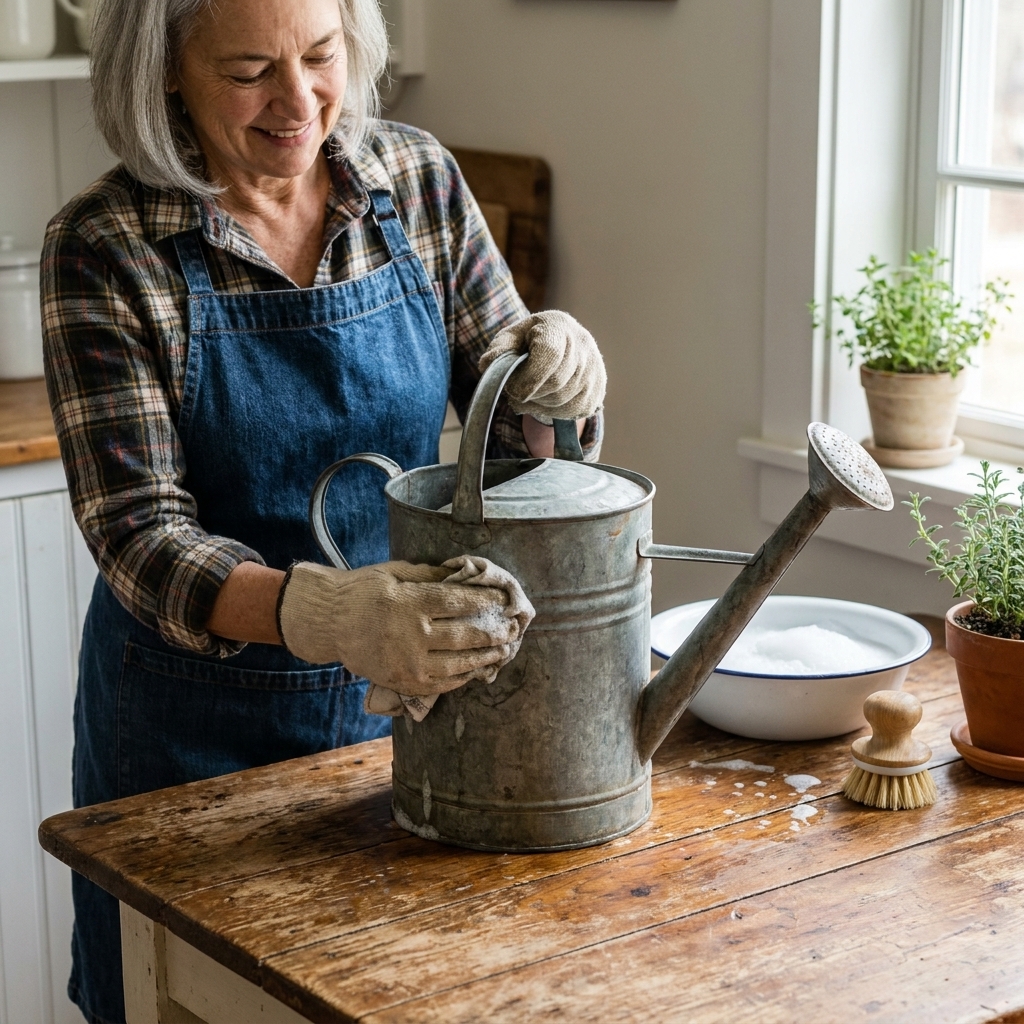 Hands in gloves gently wiping a vintage galvanized watering can with a soapy rag on a wooden table