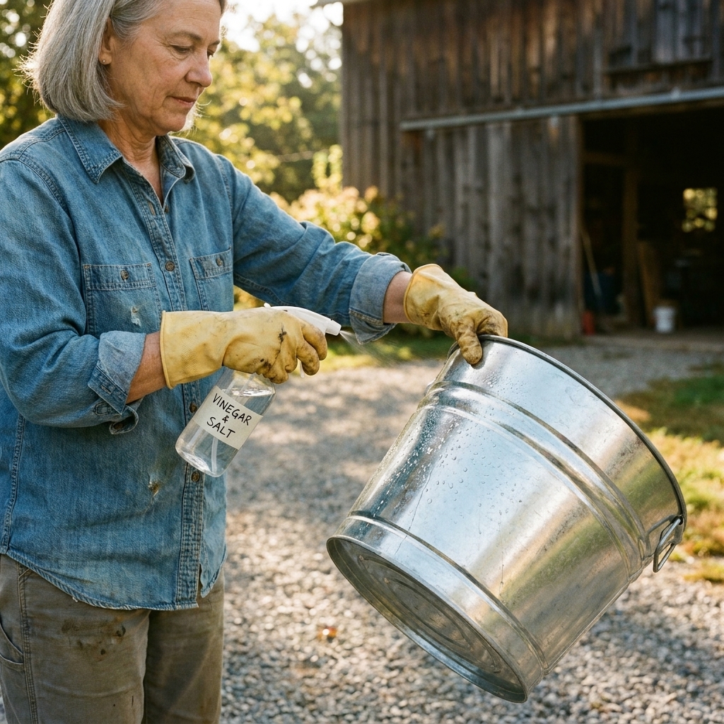 Hands in rubber gloves spraying a vinegar and salt solution onto a shiny galvanized metal bucket outside on a gravel driveway