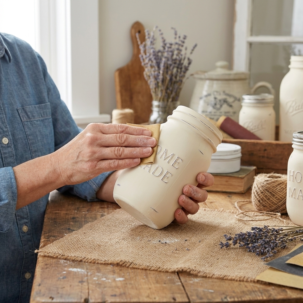 Hands lightly sanding the raised lettering on a chalk-painted mason jar with a small piece of sandpaper, creating subtle worn edges on a work table