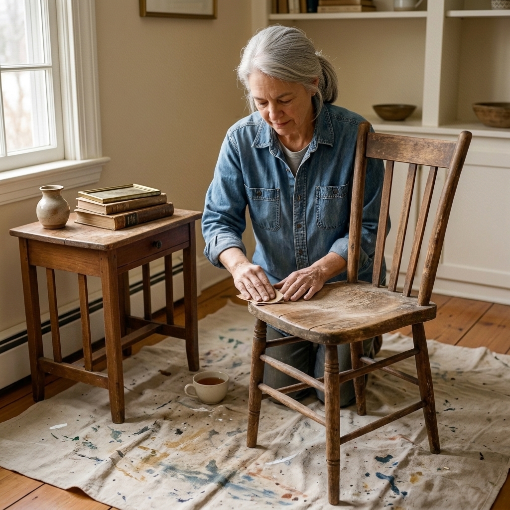 Hands sanding a rustic wooden chair on a drop cloth with a small stack of thrifted decor pieces nearby in a softly lit room
