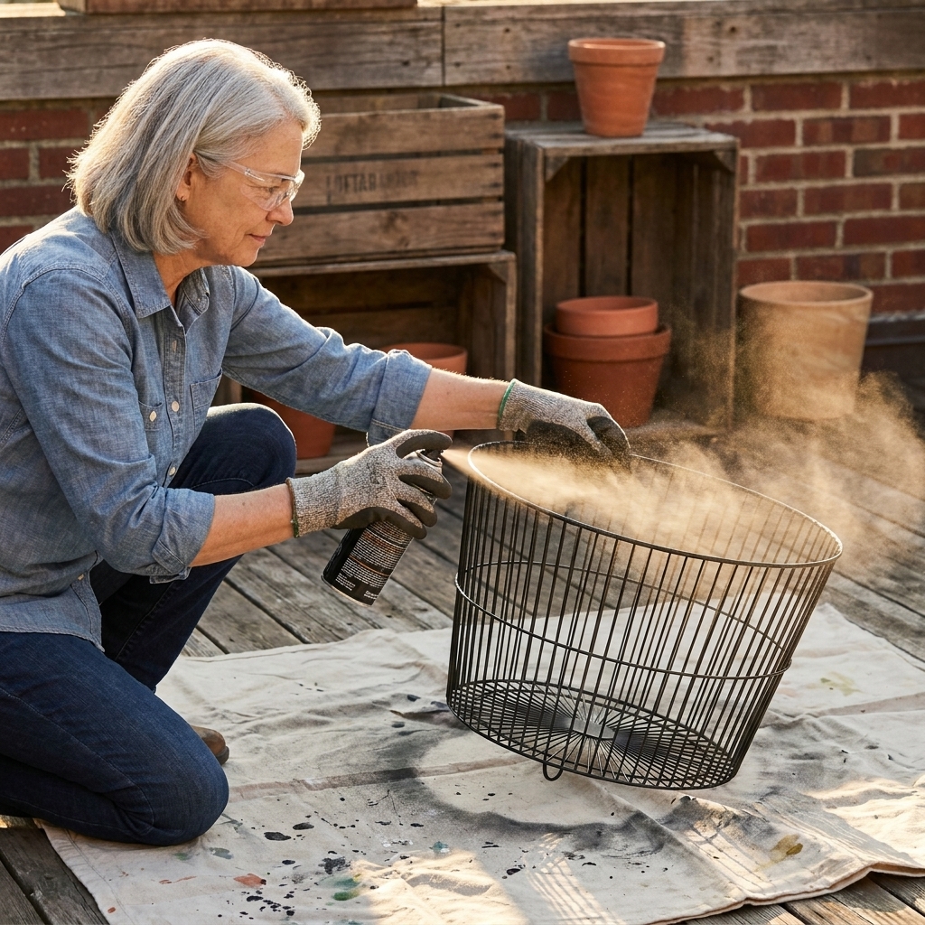 Hands spray painting a wire metal basket matte black outdoors on a drop cloth, with light overspray visible in the sunlight