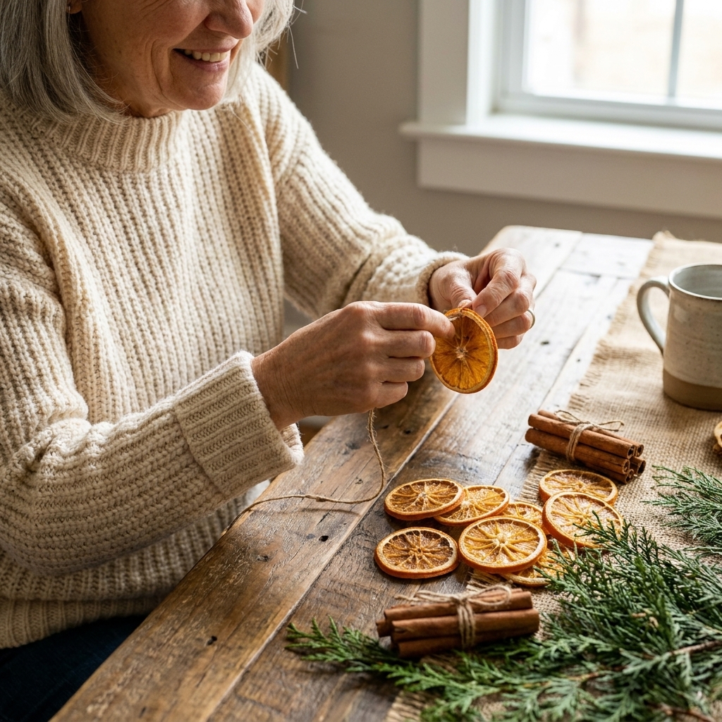 Hands threading twine through a dried orange slice next to cinnamon sticks on a wooden table