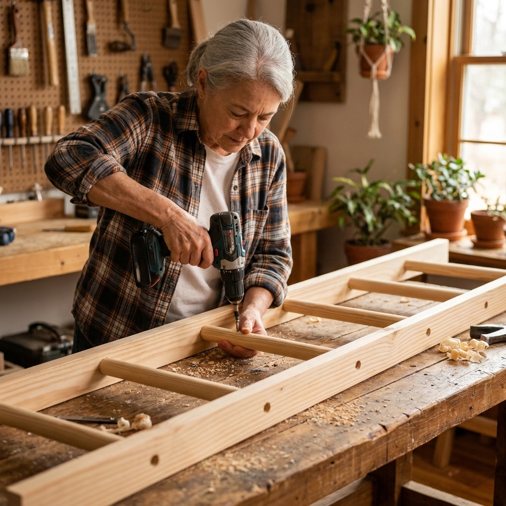 Hands using a drill to fasten a rung to a pine rail with a wood screw, with the ladder frame resting on a workbench