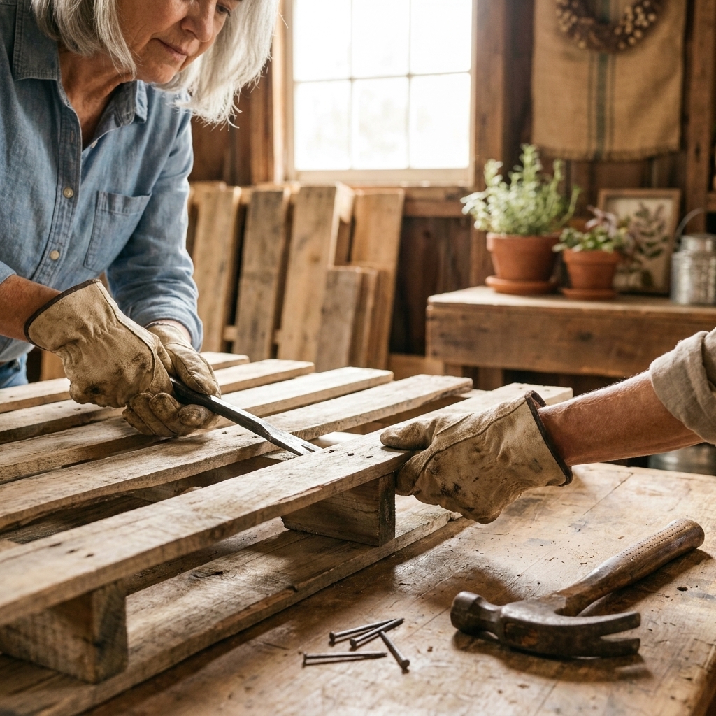 Hands wearing work gloves using a pry bar to lift a pallet wood slat from the stringer, with loose nails and a hammer nearby