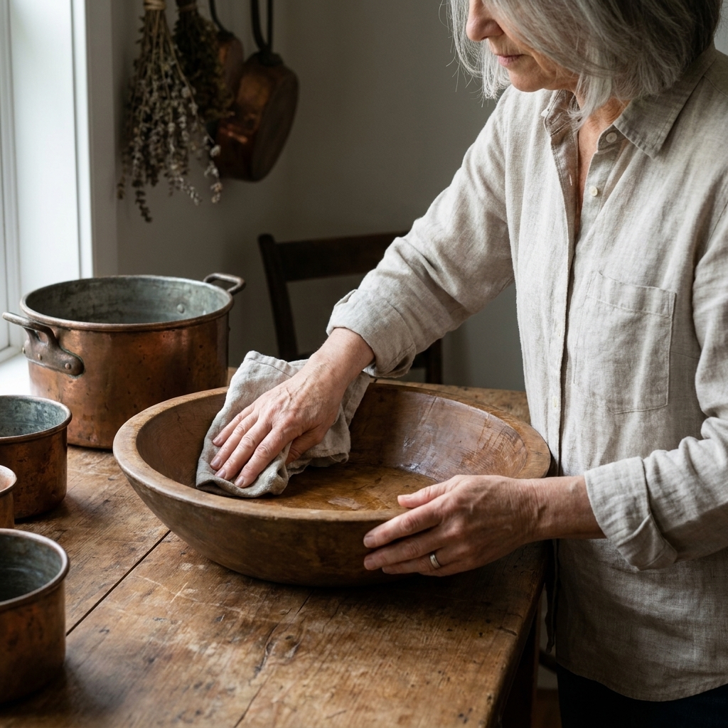 Hands wiping the inside of a vintage wooden trencher bowl with a damp cloth on a wooden worktable
