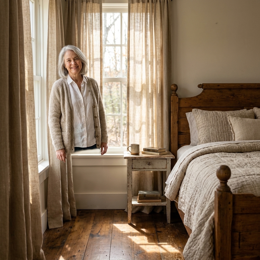 Linen curtain panels hanging in a bedroom window with soft daylight filtering through onto warm wood floors