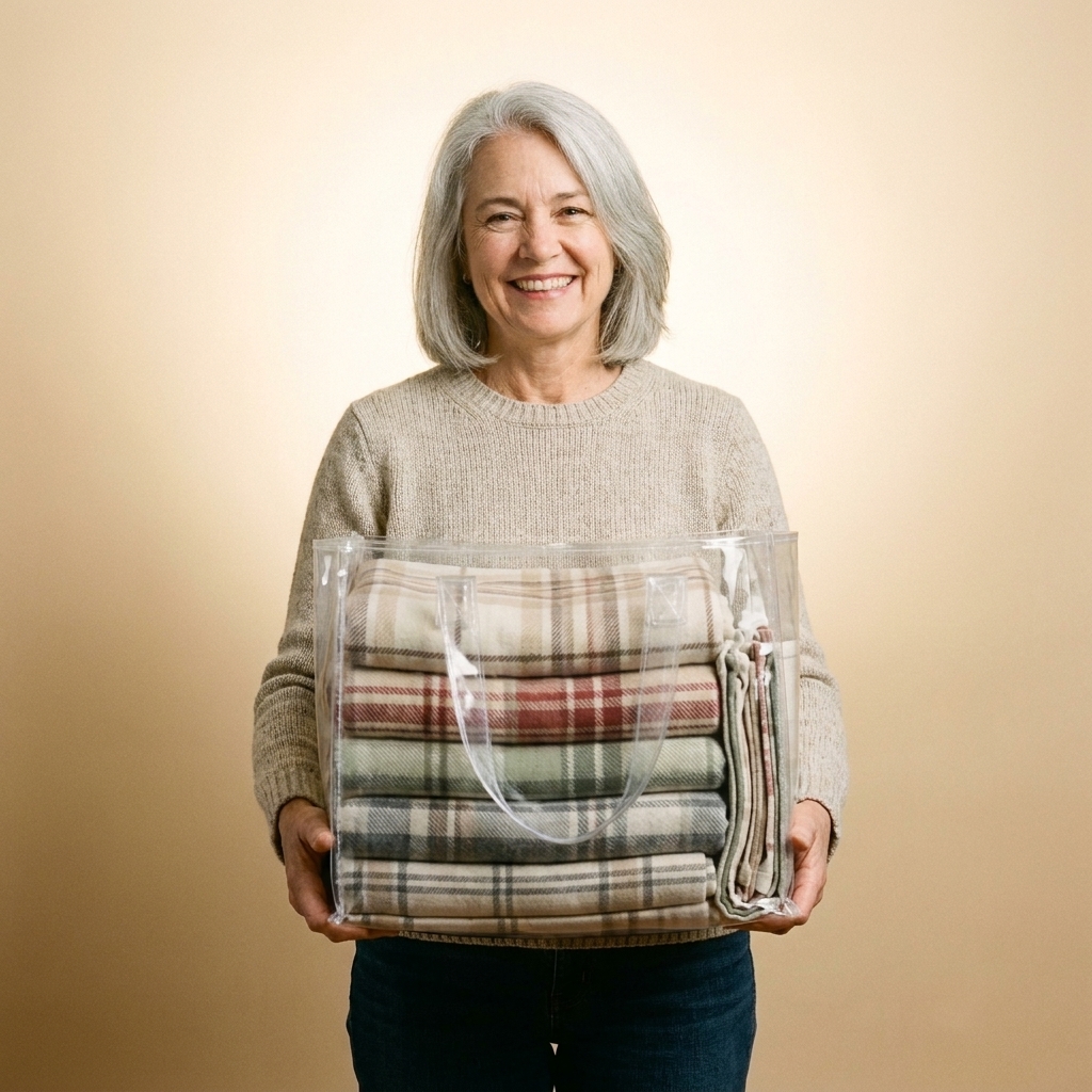 Neatly folded plaid throws and seasonal table runners stacked inside a clear tote, with soft neutral farmhouse colors