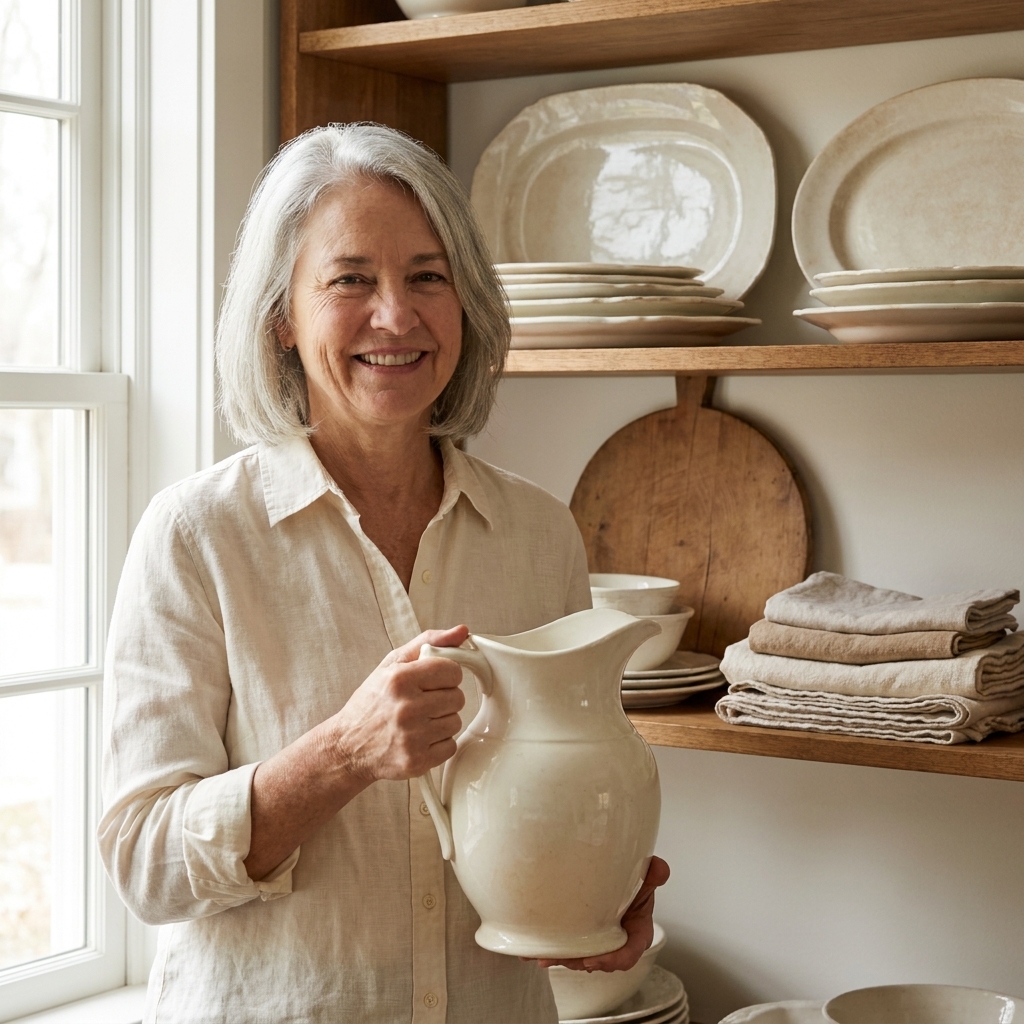 Open farmhouse kitchen shelves styled with stacked antique ironstone platters, a creamy white pitcher, a wood cutting board, and folded linen towels in soft natural light