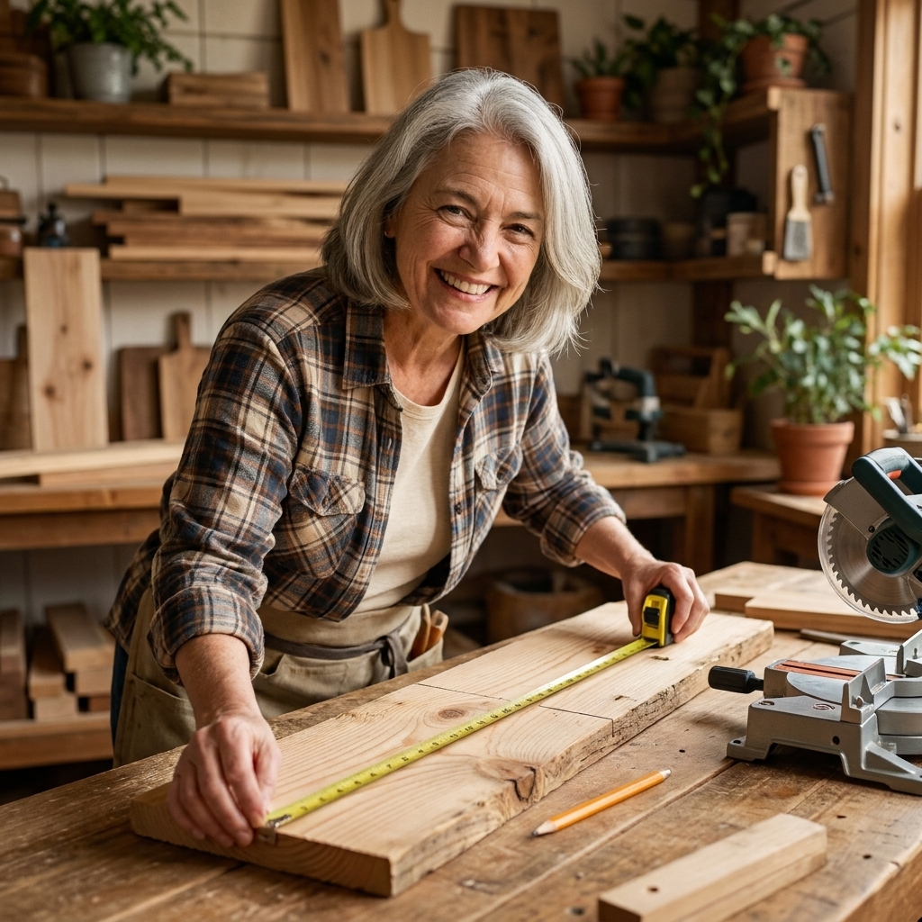 Pine boards on a workbench with a tape measure and pencil marks for cuts, and a miter saw nearby ready for a simple DIY build