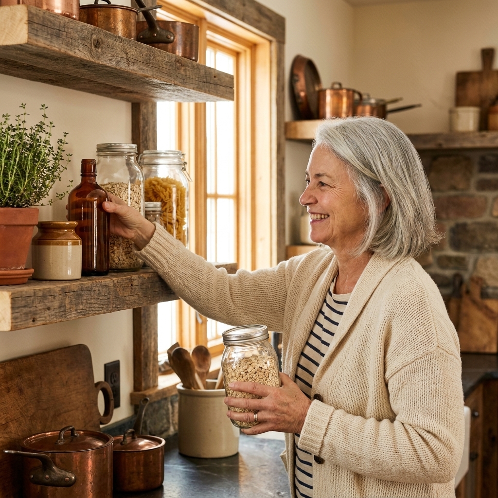 Reclaimed wood open shelves styled with clear glass pantry jars filled with oats and pasta, an amber bottle, and a small crock for a warm, lived-in kitchen feel