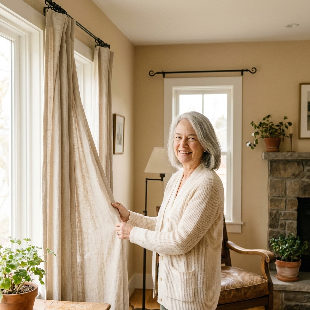 Soft linen curtain panels hanging from a simple black rod in a bright cottage living room with warm neutral walls