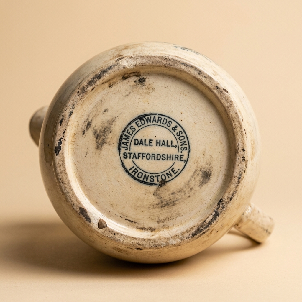 The underside of an antique ironstone pitcher showing an aged maker’s stamp and honest wear on the foot ring