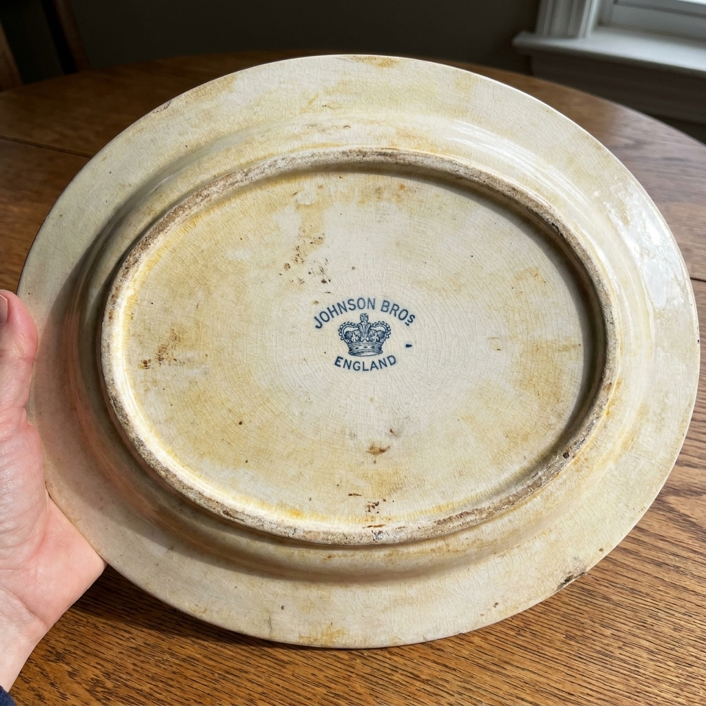 The underside of an antique ironstone serving platter showing a Johnson Brothers style maker’s mark with light fading and age wear along the foot ring