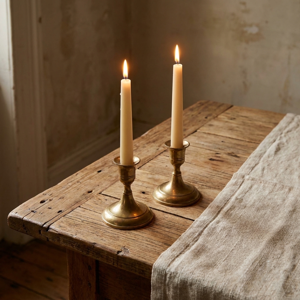 Two brass taper candle holders with pale beeswax candles on a reclaimed wood table beside a linen runner