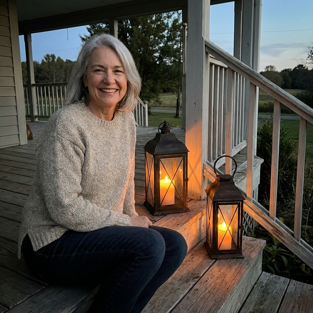Two rustic black metal lanterns with warm glowing candles placed on farmhouse porch steps at dusk