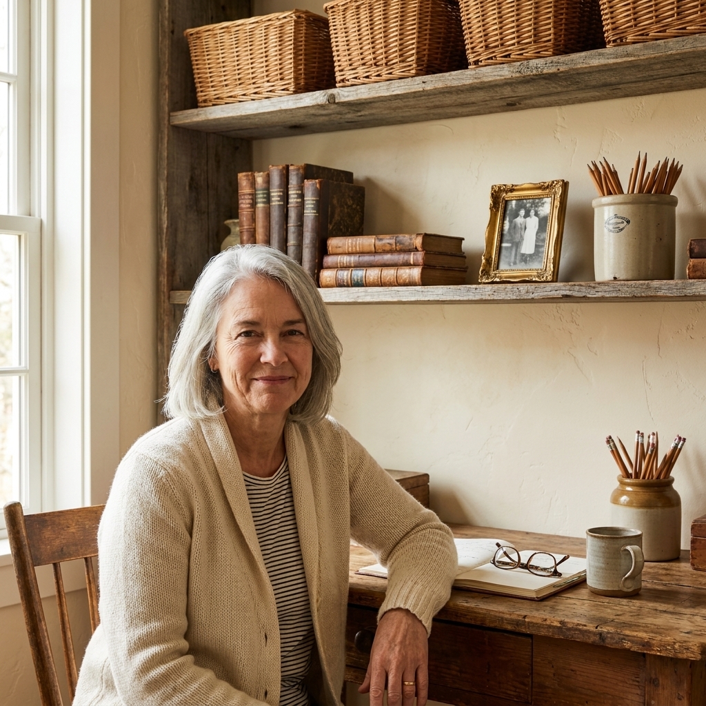 Weathered wooden wall shelves above a desk holding wicker baskets, a few vintage books, a small framed photo, and a stoneware crock of pencils
