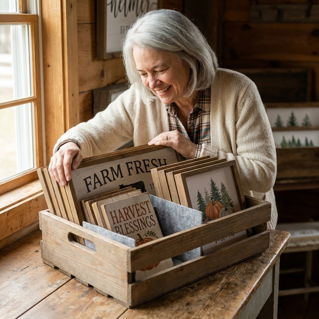 Wooden farmhouse signs and framed seasonal prints stored upright in a shallow bin with soft dividers, like records in a crate